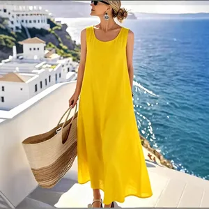 Elegante vestido largo de verano amarillo vibrante sin mangas de algodón y lino