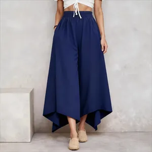 Navy blue wide-leg culottes with elastic waist and irregular hem for casual wear.