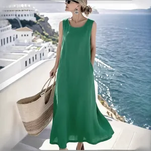 Vestido midi de verano sin mangas en algodón y lino verde estilo holgado
