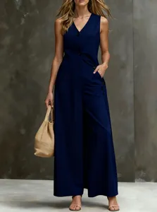Elegantes dunkelblaues ärmelloses Oberteil und weite Hose, zweiteiliges Set für Damen