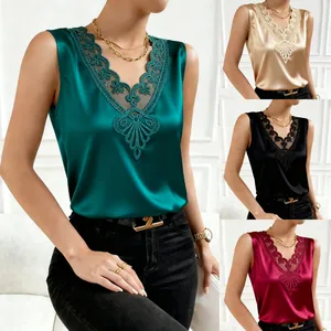 Elegant V-neck satin camisole with lace trim in teal, champagne, black, and wine red.