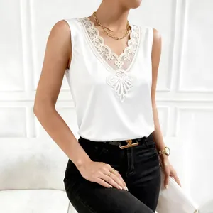 Elegant white sleeveless satin top with floral lace V-neck embroidery for women