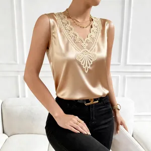 Elegant champagne gold satin sleeveless top with delicate lace V-neck detailing for women