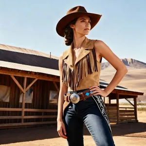 Detail view of women's western style brown suede fringe cropped sleeveless vest