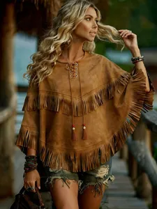 Bohemian brown faux suede poncho with layered fringe and lace-up tassel neck