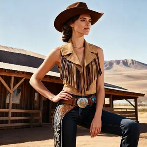Western style brown fringe suede waistcoat on female model in desert farm setting