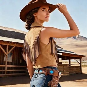 Close-up of the back of a brown suede vest featuring long fringes in a western ranch setting
