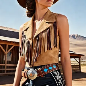 Detailed view of a western-style tan suede vest featuring long brown tassel fringe