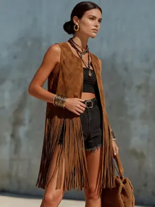 Bohemian brown suede sleeveless vest with long fringe details and laser-cut patterns