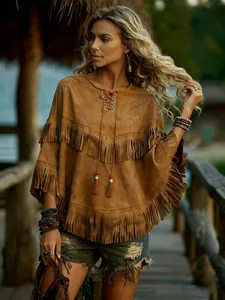 Bohemian brown faux suede fringed poncho cape with tassels and ethnic lace-up neck detail