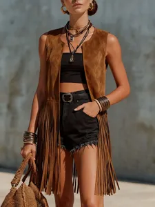 Boho style women's brown suede vest with long fringe and diamond textured pattern.