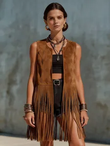 Detailed view of a stylish brown suede fringe vest with bohemian jewelry on a female model.