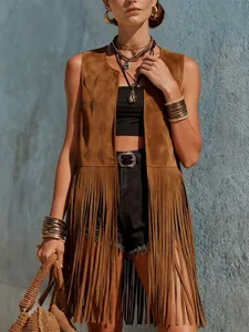 Bohemian brown suede fringe vest with diamond laser-cut pattern details for women