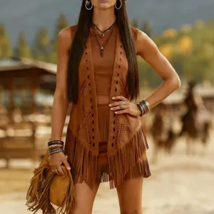 Vintage bohemian fringe suede vest with hollow out laser cut details in rustic brown