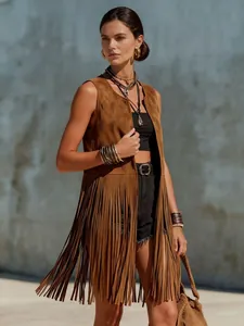 Detail view of stylish brown suede fringe vest for women featuring long bohemian tassels