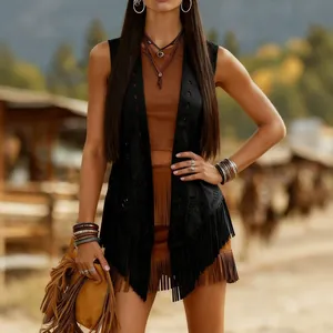Chic vintage ethnic style black sleeveless vest with hollow laser-cut patterns and long fringe