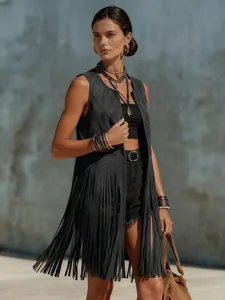 Bohemian long black suede vest with dense fringe and diamond quilted details