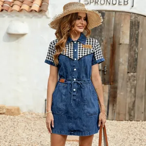 Abito casual in denim patchwork con carré a quadretti e coulisse regolabile in vita
