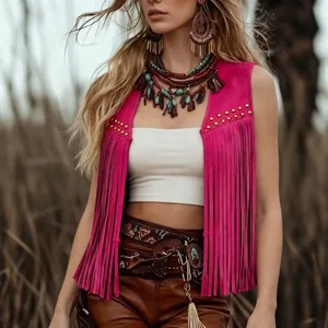 Stylish bohemian pink suede fringe vest with gold studs for a retro hippie festival look