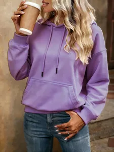Casual μωβ oversized φούτερ με κουκούλα για γυναίκες με τσέπη καγκουρό και κορδόνι