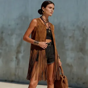 Stylish women's bohemian brown suede fringe vest with long tassels and open front