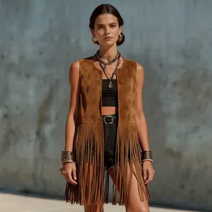 Chic bohemian brown faux suede fringe vest, sleeveless long open waistcoat for women