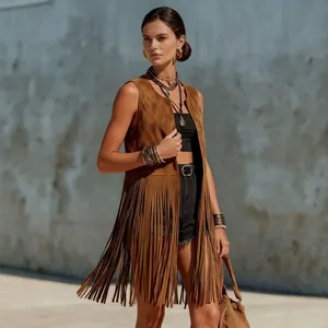 Stylish bohemian brown suede fringe vest for women, sleeveless long waistcoat design