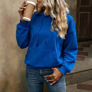 Sudadera azul informal para mujer con cordón y bolsillo de canguro para el otoño