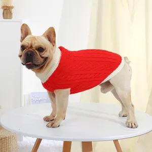 Roter Zopfstrick-Pullover für kleine Hunde in einer gemütlichen häuslichen Umgebung