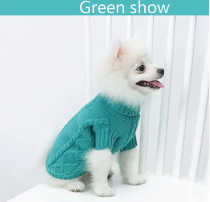 Vue détaillée d'un petit chien blanc portant un pull à col roulé en maille vert chaud.