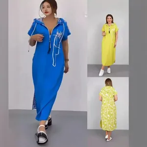 Collage showing front and back views of a hooded V-neck maxi dress with zipper