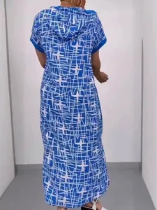 Back view of a blue and white geometric printed hooded maxi dress for summer wear