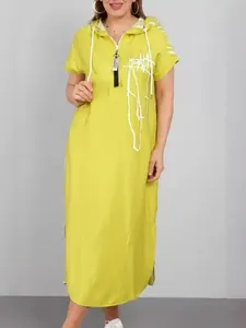 Full length lime green hooded midi dress with short sleeves and white graphic print