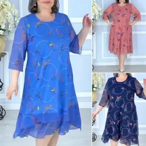 Women Vintage Floral Print V Neck Midi Dress Casual European Style Half Sleeve Loose Summer Beach Party Dress