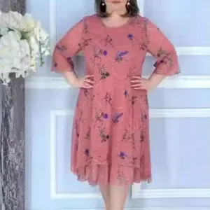 Elegant pink floral print mesh layered dress for women with stylish 3/4 sleeves for casual wear