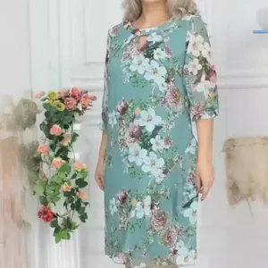 Elegant light green floral print midi dress with keyhole neckline and half sleeves