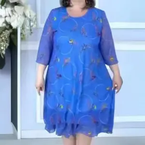 Elegant blue knee-length dress with colorful circular prints and half sleeves for women