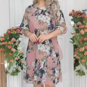 Elegant pink floral chiffon dress with cutout neckline for women