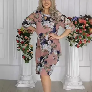 Elegant pink floral print midi dress with elbow sleeves and a stylish cutout neckline