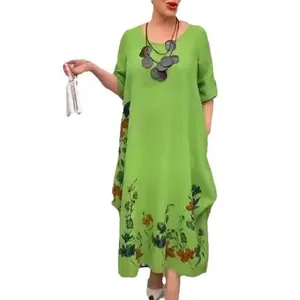 Elegantes limonengrünes Maxi-Leinenkleid mit floralem Print und kurzen Ärmeln für Damen