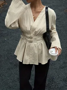 Camicetta Retrò Coreana con Scollo a V da Donna in Poliestere Elegante Tinta Unita Manica Lunga Polsino a Campana con Vita Plissettata a Doppiopetto