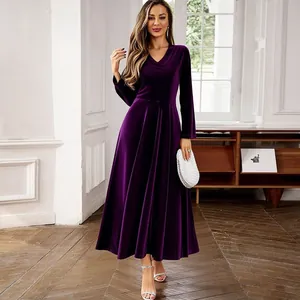 Full view of elegant deep purple v-neck long sleeve velvet maxi dress for fashion women
