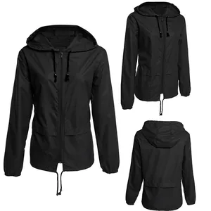 Three-angle view of a black lightweight hooded windbreaker showing front, side, and back details.