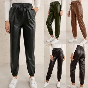 Women High Waist PU Leather Joggers Elastic Waist Drawstring Biker Style Casual Loose Cuffed Synthetic Leather Pants