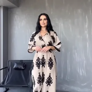 Women Plus Size V Neck Summer Midi Dress Casual Ethnic Geometric Print Short Sleeve A Line Polyester Pullover Sundress