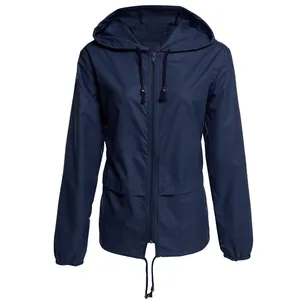 Front view of a navy blue lightweight waterproof hooded outdoor jacket for women