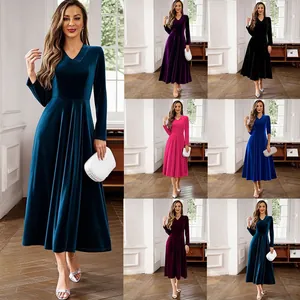 Women Polyester V-Neck Long Sleeve Velvet Midi Dress European Style Solid Color A-Line Slim Fit Streetwear Party Dress