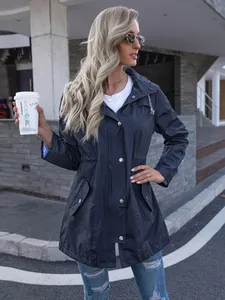 Womens navy blue mid-length hooded waterproof raincoat with drawstring waist detail