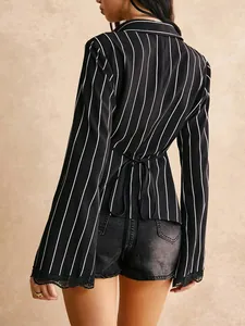 Detailed back view of women's black striped lapel shirt featuring lace cuffs and a waist tie