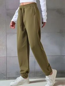 Side view of olive green drawstring joggers for women, showing ankle cuff detail